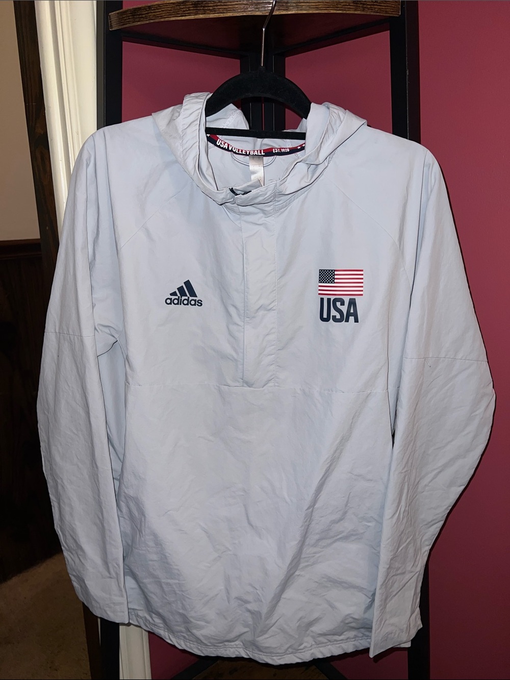 adidas Grey Hooded Jacket with Red and Navy Trim, USA Volleyball